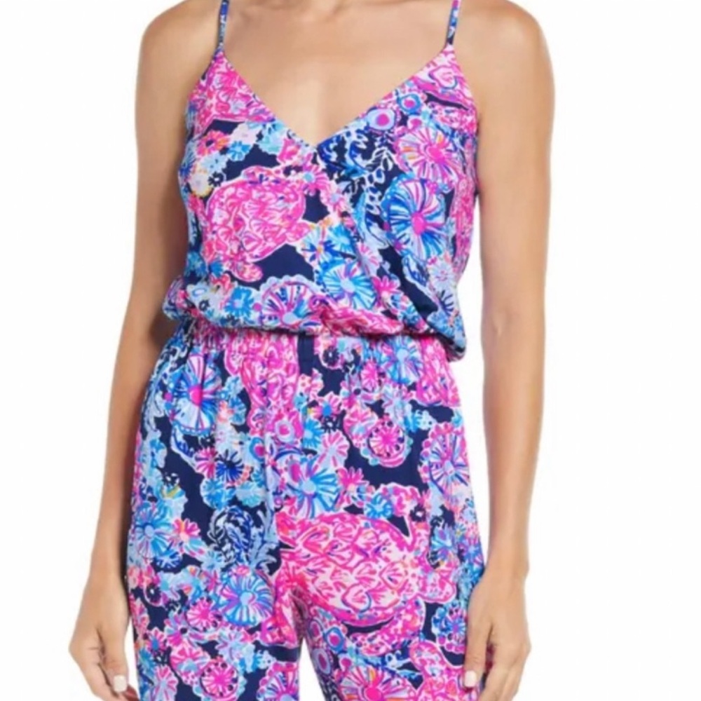 Lilly Pulitzer Dante Jumpsuit Navy Pink Medium High Tide Turtle Amazement Floral - Picture 5 of 15